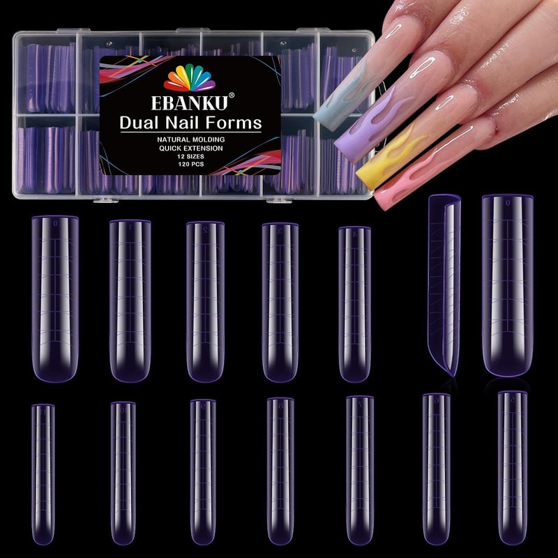 EBANKU Dual Nail Forms for Poly Extension Gel, 120 PCS Purple Square Nail Molds Reusable 12 Sizes Nail Extension Forms for Builder Gel Manicure Design Salon DIY - Image 1